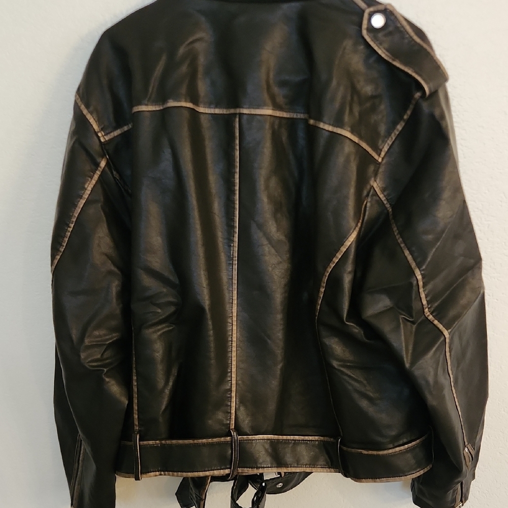 S P Y M Womens Worn Effect Faux Leather Jacket, Faded Moto Biker Coat with Belt - Picture 10 of 10